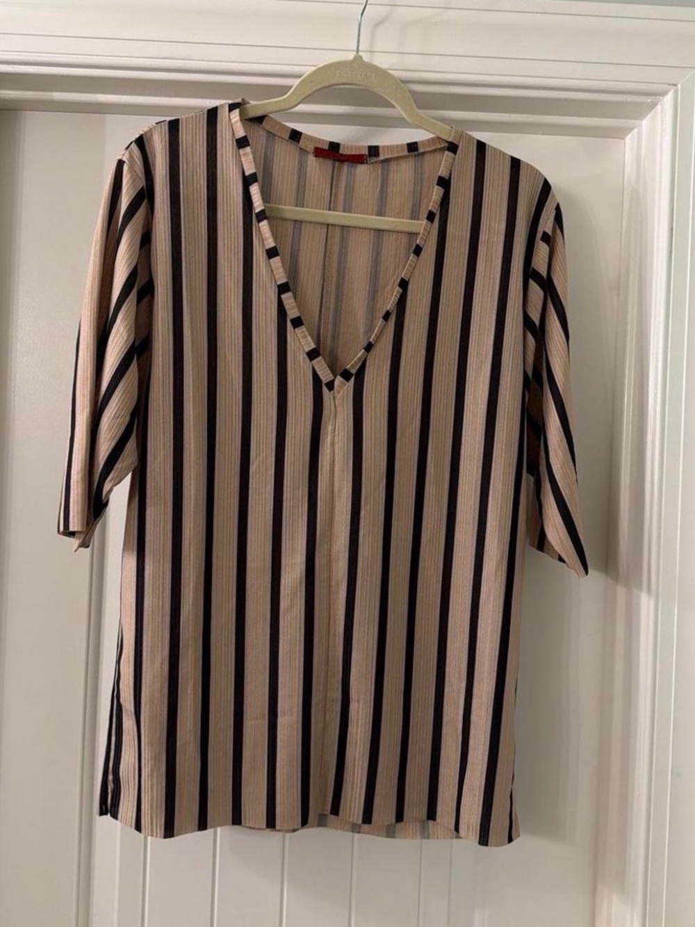 BKE Beige and Black Striped V-Neck Blouse